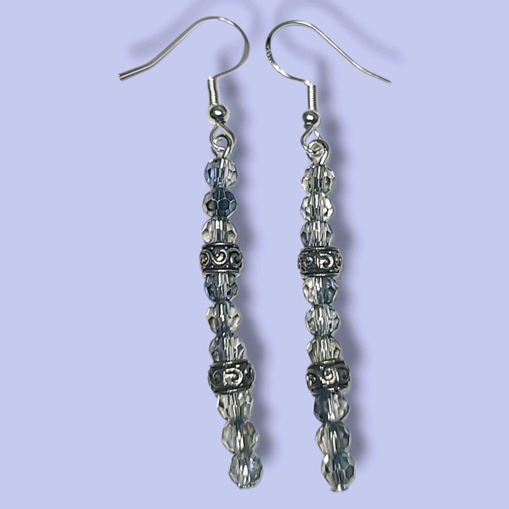 Sterling Silver‎ 925 Blue & Purple Crystal Bead Dangle Earrings